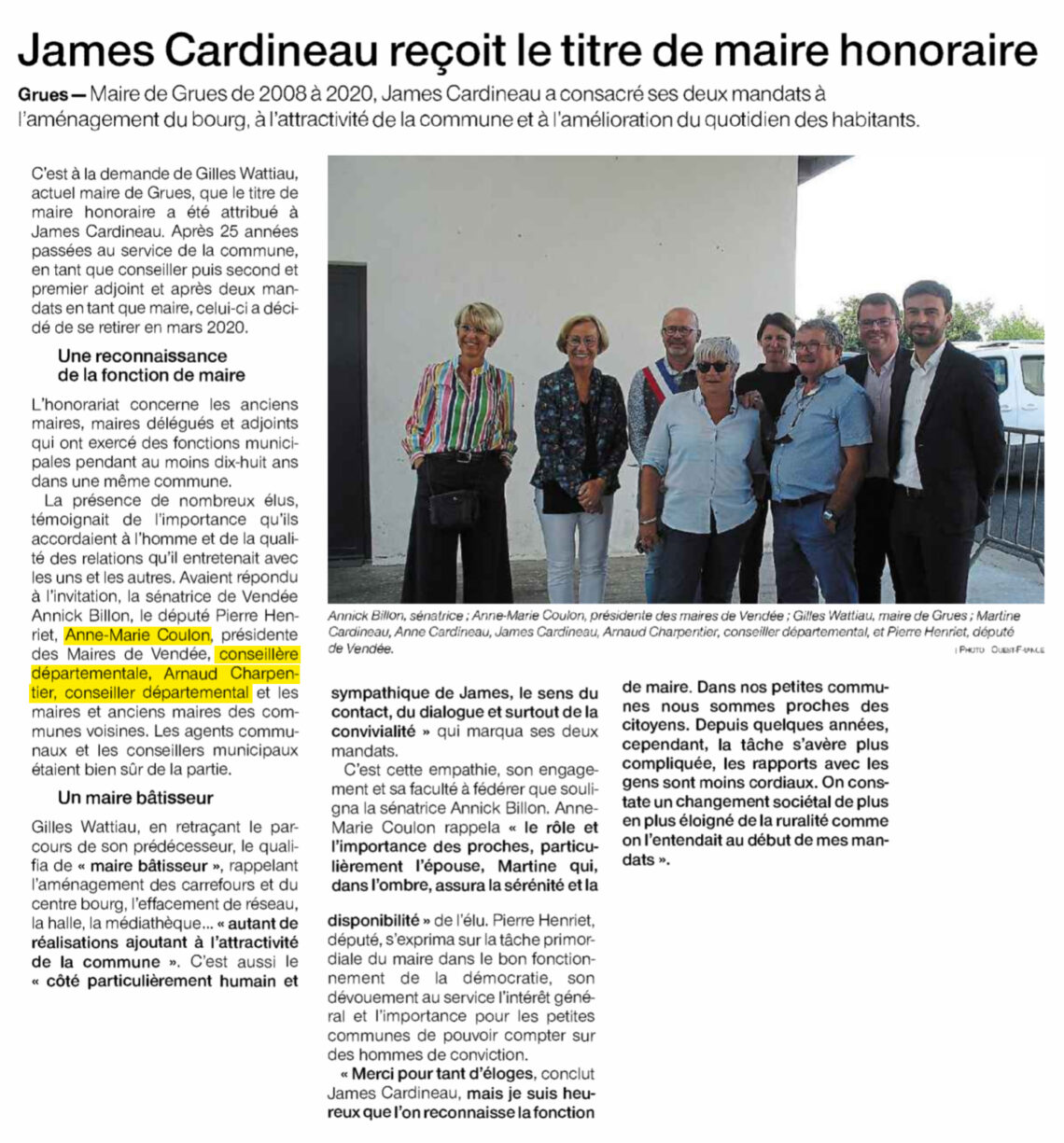 James Cardineau reçoit le titre de maire honoraire