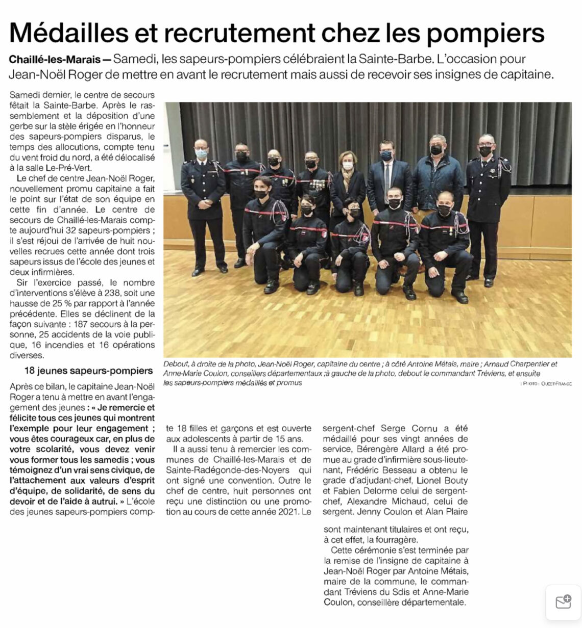 Chaillé-les-Marais : Médailles et recrutement chez les pompiers