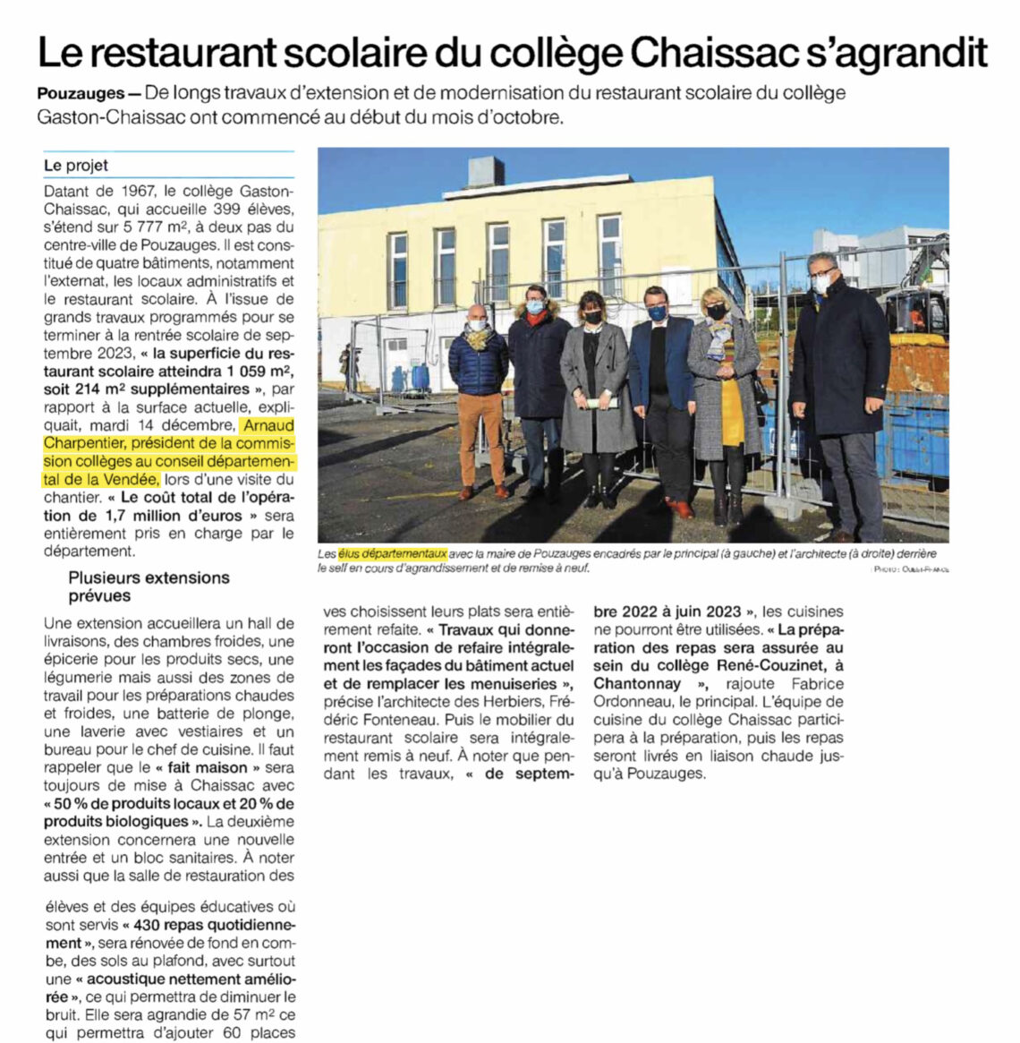 Pouzauges : Le restaurant scolaire du collège Chaissac s’agrandit