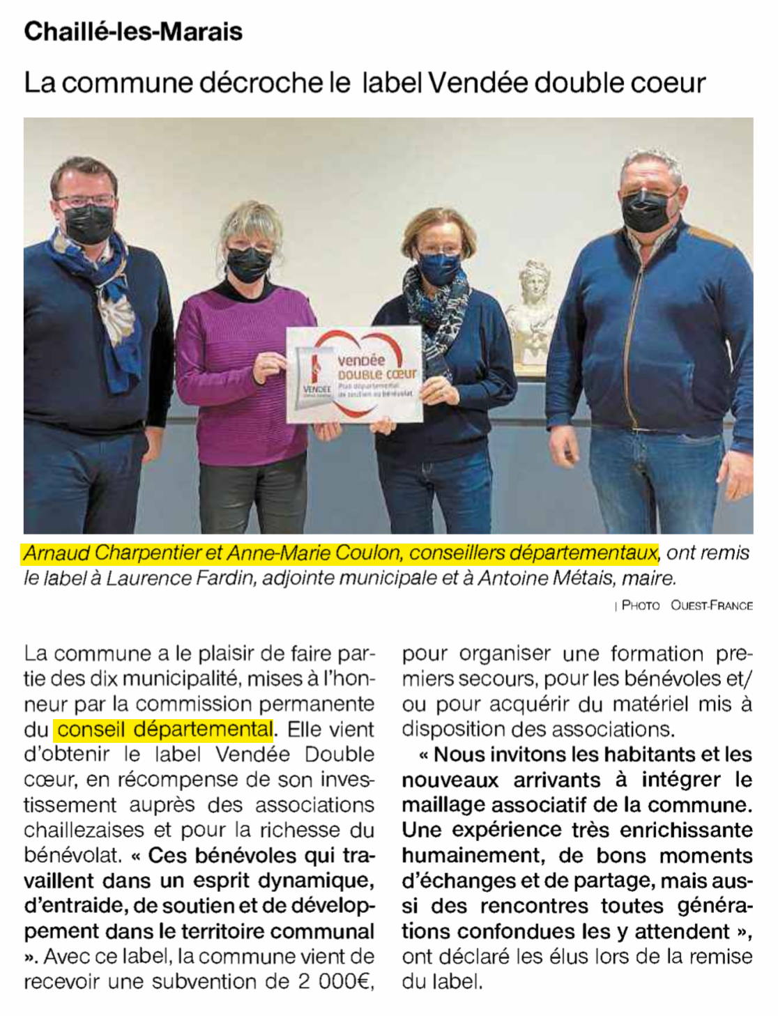 Chaillé-les-Marais : La commune décroche le label Vendée double coeur