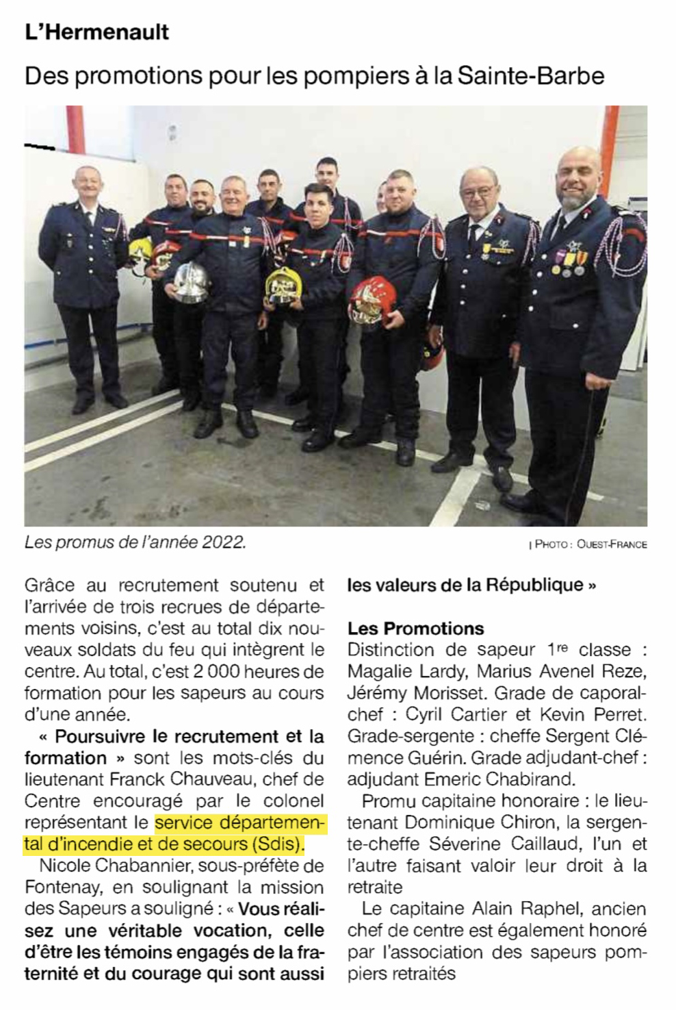 L’Hermenault : Des promotions pour les pompiers à la Sainte-Barbe